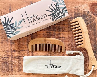 Hand Made Luxury Bamboo Hair Comb Set - Wide and Narrow Tooth Comb for Wet and Dry use.