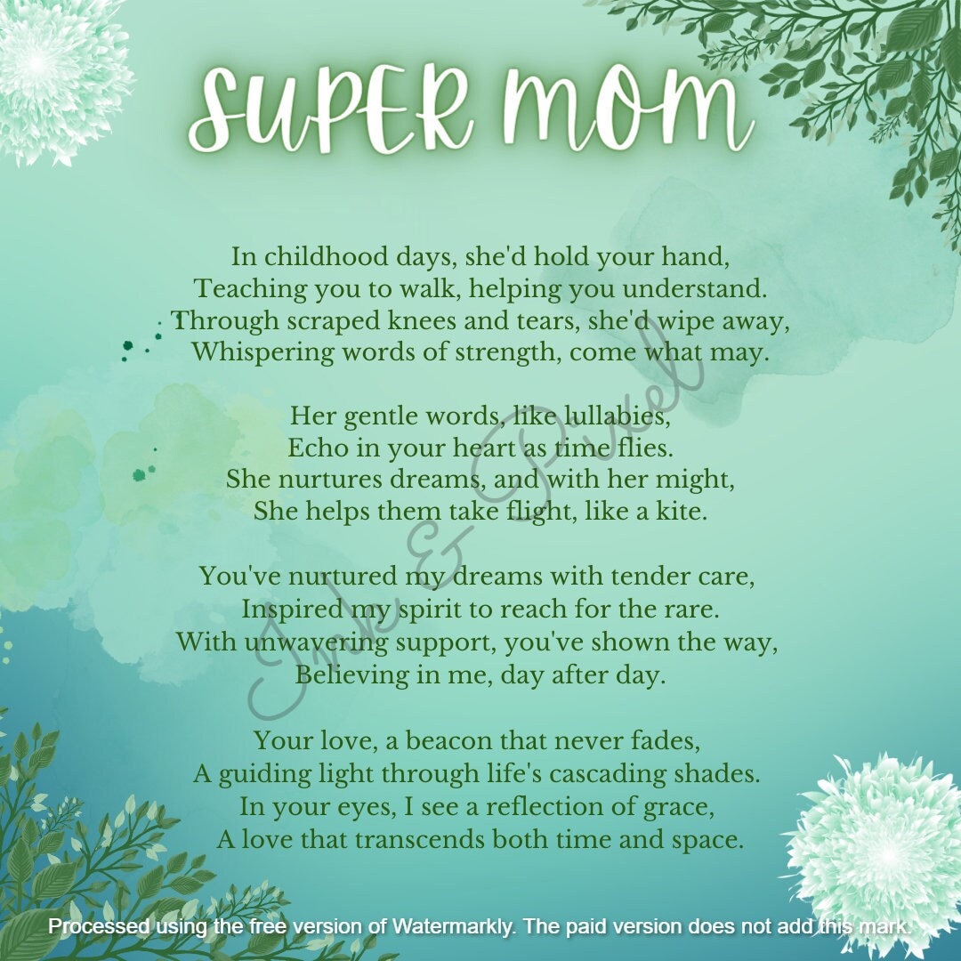 Super Mom Poem mother Appreciation Card With a Custom Etsy