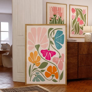 Scandinavian Flowers Wall Art, Colourful Abstract Flower Print, Pink Blue Yellow Floral Art, Modern Botanical Plant Print, Living Room Decor