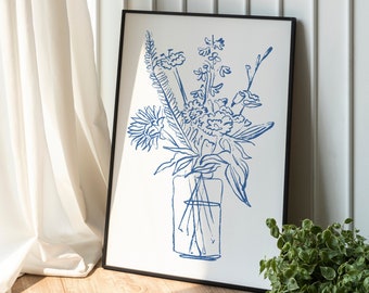 Blue Floral Vase Print Digital Download Flower Bouquet Print  Bohemian Aesthetic Poster - Printable Botanical Wall Art Line Flower Art Print