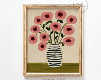 Pink Poppies Print, Stripe Vase Contemporary, Eclectic art, Trendy Abstract Wall Art