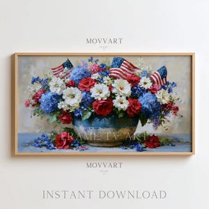 May include: A framed floral painting featuring a blue and white bowl overflowing with red, white, and blue flowers and American flags. The painting has a light wood frame and the text "MOVART" and "INSTANT DOWNLOAD".