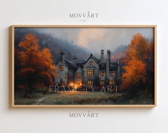 Op de afbeelding: Een ingelijste digitale kunstprint van een statig herenhuis, verlicht door warme binnenverlichting. Het kunstwerk heeft een gedempte kleurenpalet met herfstbladeren in tinten oranje en rood. De tekst "MOVART" en "FRAME TV ART" zijn zichtbaar.
