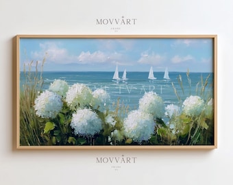 Sailboat Ocean View Frame TV Art: Coastal Hydrangea Painting (Digital Download)