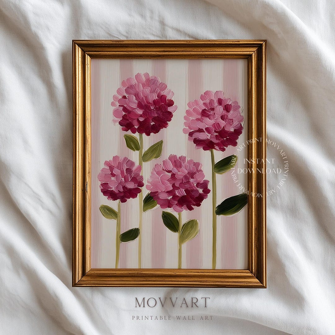 Pink Hydrangea Printable Wall Art, Striped Floral Art Print, Romantic ...