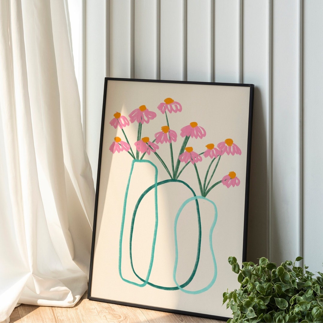 Hand Drawn Flower Vase Print, Retro Floral Poster, Digital Download ...
