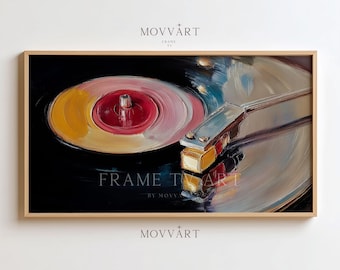May include: A framed painting of a vintage record player. The record is black with a red and yellow center. The tone arm is silver and gold. The text "FRAME TV" and "INSTANT DOWNLOAD" are visible.