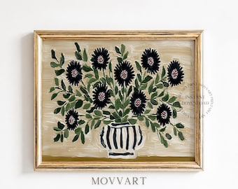 Black Ink Floral Printable Wall Art, Scandinavian Folk Vase Print (Digital Download)