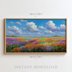 Buntes Wildblumenfeld Rahmen TV-Kunst, lebendige Frühlingsblumenlandschaftsmalerei, helle Blütenwanddekoration für Rahmen TV Digitaler Download