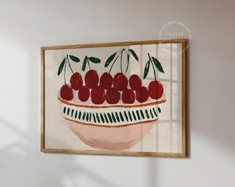 Horizontal Cherry Print,  Printable Wall Art, Fruit Kitchen Decor Print, Retro Style Summer Painting