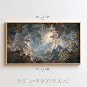 May include: A framed print of a classical ceiling painting. The artwork depicts a celestial scene with clouds, angels, and a bright light source. The frame is a light brown color. The text "MOVVÄRT" and "INSTANT DOWNLOAD" are visible.