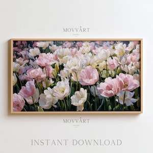 Blush Pink and White Tulip Field Frame TV Art – Soft Pastel Floral Landscape – Digital Download Spring Frame TV Art