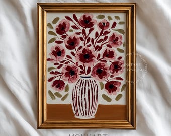 Burgundy Floral Printable Wall Art, Trendy Striped Vase Painting, Warm Neutral Home Decor