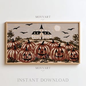 May include: A horizontal framed digital art print titled MOVVART featuring a painted scene of a white mansion under a pale moon. The foreground displays several orange jack-o'-lanterns with carved faces, while black bats fly across a beige sky.