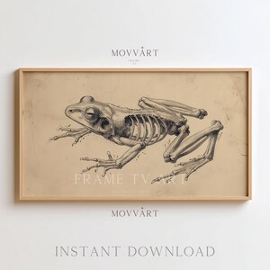May include: A framed print featuring a detailed black and white illustration of a frog skeleton. The artwork is set against a tan background with the text "FRAME TV" and "INSTANT DOWNLOAD". The frame is a light brown color.