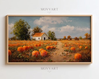 Kürbisfeld TV Kunst: Herbst Landschaft Ölgemälde (Digitaler Download)