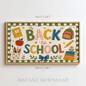 May include: A rectangular wall art print featuring the text BACK TO SCHOOL in colorful, patterned letters. The design includes illustrations of a yellow notebook, a red apple, a pencil holder with pencils, a green backpack, and a stack of books.