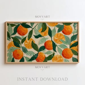 Puede incluir: Una obra de arte rectangular enmarcada con una pintura texturizada de naranjas y hojas verdes. Las naranjas son de color naranja vibrante, y las hojas son una mezcla de verde y verde claro. El texto "MOVART" y "INSTANT DOWNLOAD" está presente.