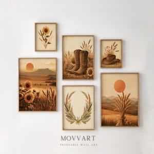 Könnte beinhalten: Ein Set aus sechs gerahmten Wandbildern mit warmfarbigen Illustrationen von Sonnenblumen, Weizenähren, Cowboystiefeln, einem Cowboyhut und Wüstenlandschaften mit Sonne, inklusive des Textes MOVVART PRINTABLE WALL ART.