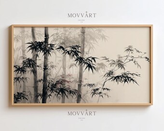 Décoration zen pour téléviseur avec cadre en bambou : paysage japonais minimaliste