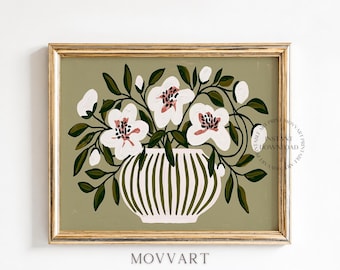 Summer Flowers Printable Wall Art, Green Botanical Painting Art (Digital Download)