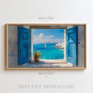 Può includere: Dipinto incorniciato di una scena costiera vista attraverso una finestra con persiane blu. L'opera mostra una barca a vela su acqua turchese, edifici bianchi e un cielo blu. I testi "MOVvART" e "INSTANT DOWNLOAD" sono visibili.