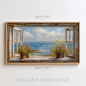 Coastal Window View Frame TV Art, Ocean Breeze and Flower Pots Painting, Seaside Cottage Wall Decor, Summer Digital Art Download