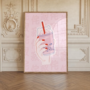 Bubble Tea Anime Style East Asian Inspired Food Wall Art Bundle Japanese Chinese Korean Wabi Sabi Dopamine Decor Pink Poster Wall Art Asia