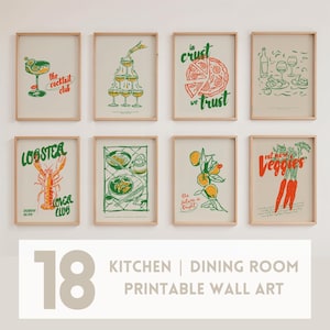 Hand Drawn Kitchen Dining Room Wall Art Set Eclectic Modern Minimalist Prints Coffee Wine Food Decor Trendy Printable Gallery Green Theme