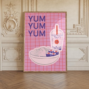 Ramen Bubble Tea Yum East Asian Inspired Food Wall Art Bundle Japanese Chinese Korean Wabi Sabi Dopamine Decor Pink Poster Wall Art Asia
