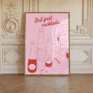 But First Cocktails Wine Bar Drink Bar Cart Art Pink Kitchen Dining Room Wall Art Modern Minimalist Print Food Decor Trendy Printable Poster