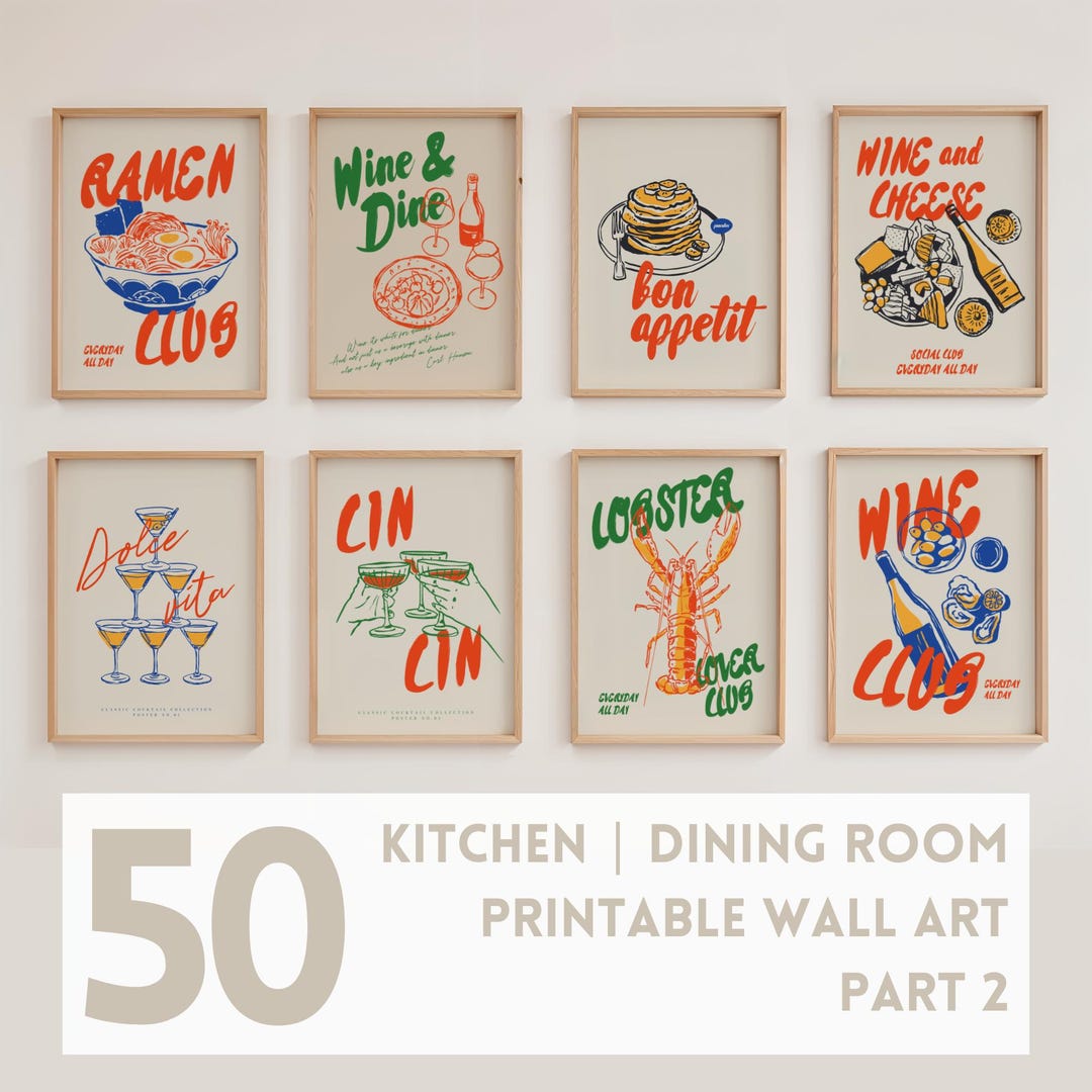kitchen wall prints, boho kitchen prints, dining room... Hand Drawn Kitchen Dining Room Wall Art Set Eclectic Modern Minimalist ...