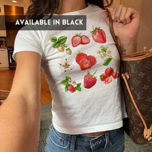 Strawberry Baby Tee 90s Style Coquette Aesthetic Watercolor Shirt Gift Foodie Tee Nature Lover Botanical Garden Spring Summer Gift Women