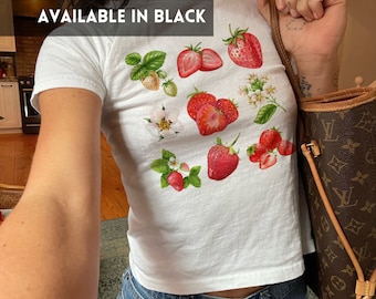 Strawberry Baby Tee 90s Style Coquette Aesthetic Watercolor Shirt Gift Foodie Tee Nature Lover Botanical Garden Spring Summer Gift Women