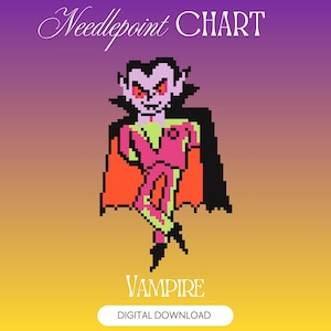 Puede incluir: Un gráfico de punto de aguja en descarga digital con un diseño de píxel art de un vampiro. El vampiro tiene piel pálida, ojos rojos, una capa negra con forro naranja y un atuendo rosa y verde lima. El texto dice Needlepoint CHART, VAMPIRE, DIGITAL DOWNLOAD.