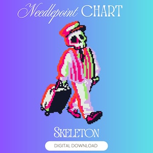Puede incluir: Un gráfico de punto de aguja en pixel art que muestra un esqueleto con gorra y traje, tirando de una maleta. El texto dice Needlepoint CHART, SKELETON y DIGITAL DOWNLOAD. El diseño usa colores neón vibrantes sobre un fondo degradado azul y morado.