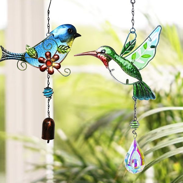 Hummingbird wind chime,wind chime hummingbird metal glass painted,hanging bell Window hanging,Bird sun catcher,Memorial Gifts Sympathy Gifts