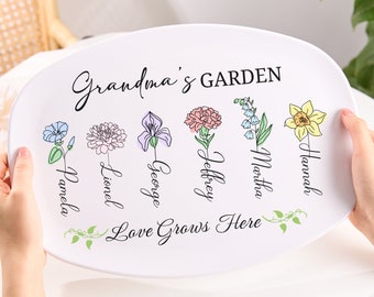 Personalisierter Omas Gartenteller mit Namen der Enkelkinder, einzigartiges Muttertagsgeschenk für Oma, Familienname, Aquarellblumen, personalisierter Teller