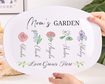 Moms Garden Platter,Mom Gifts For Mom Plate With Kids Names,Mothers Day Gifts From Daughter Son Personalized Mommy Birth Flower,Mom Plate