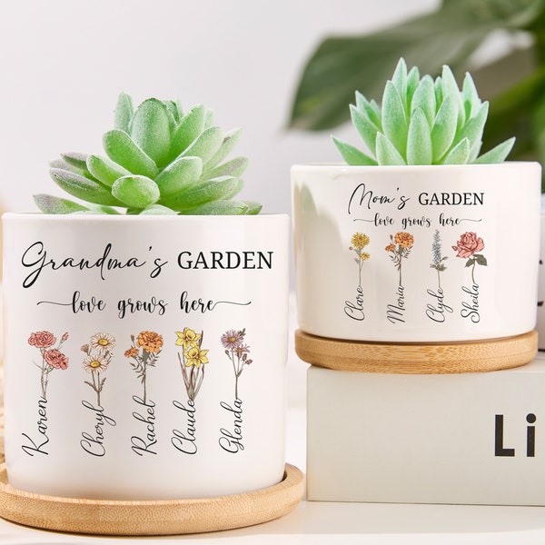 Regalos para abuela, maceta personalizada, jardín de abuelas, regalos personalizados de madre para mamá, regalos de mamá de flores de nacimiento de hija, maceta para exteriores