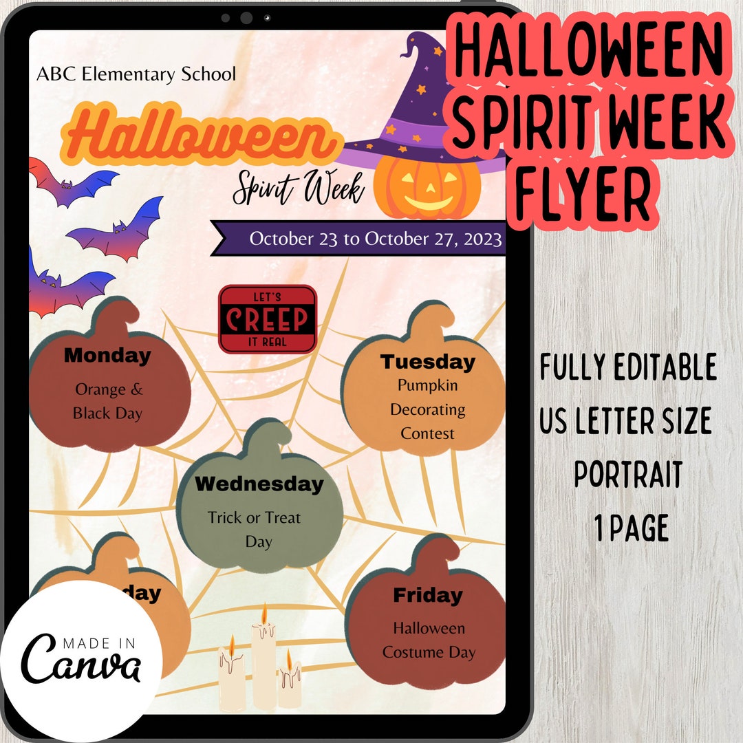 Halloween School Spirit Week Itinerary Flyer Editable Canva Template Halloween School Spirit Week Itinerary Flyer Editable Canva Template
