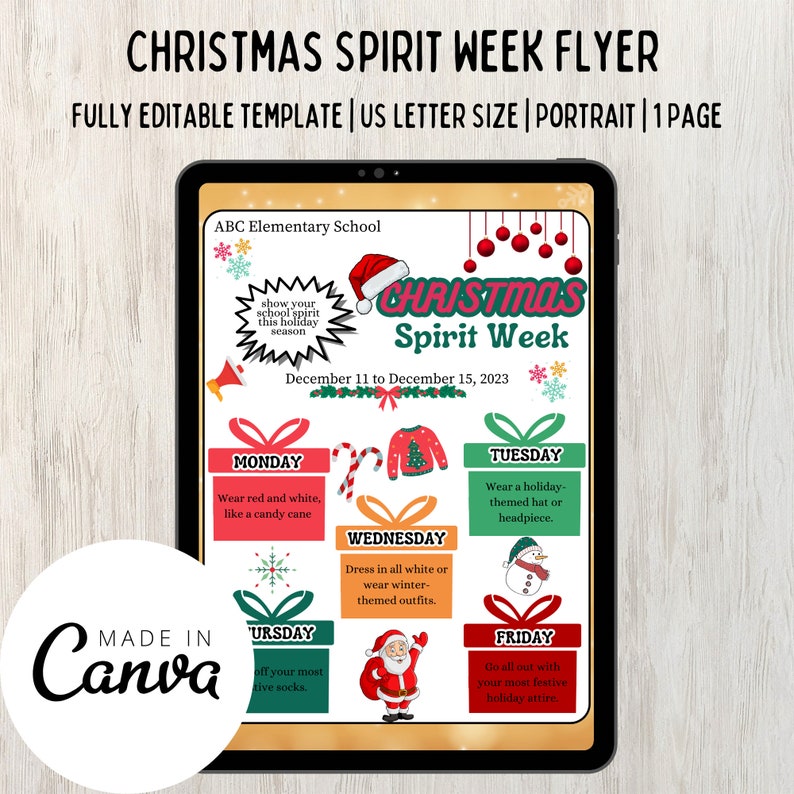 Christmas Spirit Week Flyer Template Fully Customizable Etsy Canada