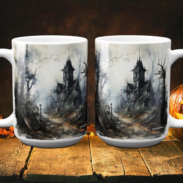 Haunted House Ceramic Coffee Mug Crafted with Spooky Personal Artistry, Artfully Designed 15oz Ceramic Mug Masterpieces by AventumMugs™