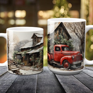 Vintage Christmas Truck Ceramic Coffee Mug Crafted with Personal Artistry, Artfully Designed 11oz or 15oz Mugs Masterpieces by AventumMugs™
