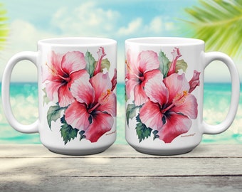 Hibiscus Flower Ceramic Coffee Mug. Best Tropical Ceramic Mug for Coffee Pros and Tea Lovers.  Best Collectable Floral Mug Gift, 15oz Mug