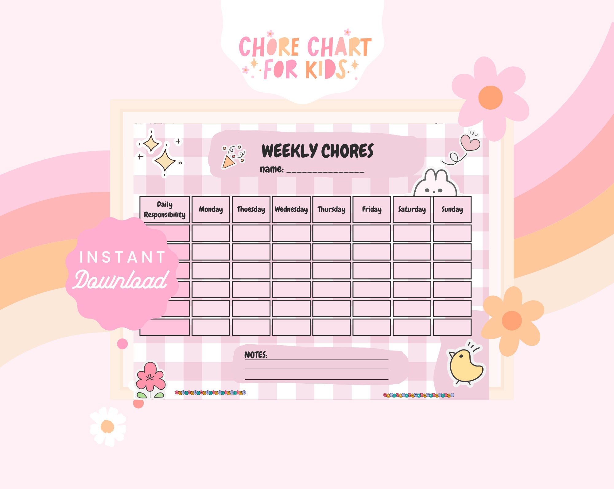 Kawaii Chore Chart Printable, Chore Chart for Kids Printable, Weekly ...