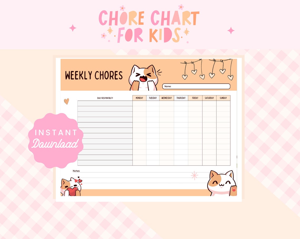 Kawaii CAT Chore Chart Printable, Chore Chart for Kids, Weekly Chore ...