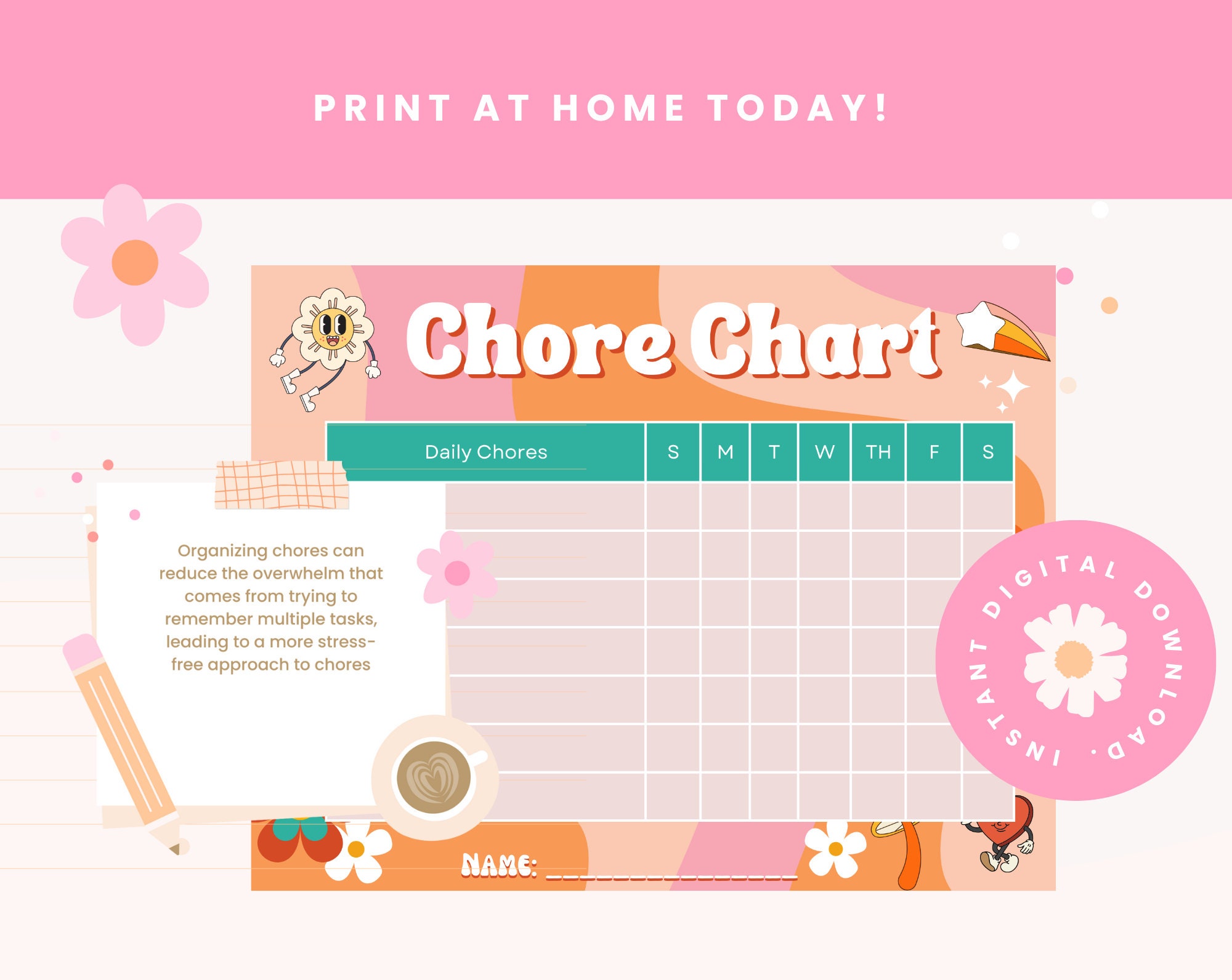 Groovy Retro Chore Chart Printable, Chore Chart for Kids Printable ...
