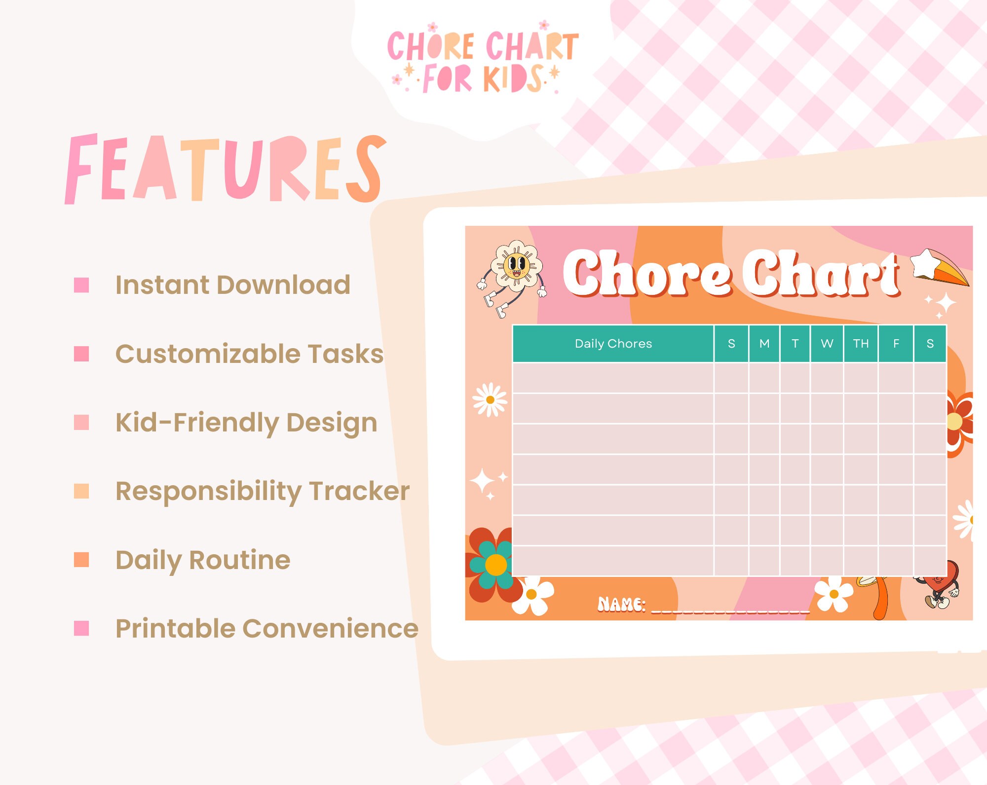 Groovy Retro Chore Chart Printable, Chore Chart for Kids Printable ...