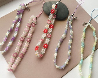 Garden Flower Phone Charm, Beaded Phone Strap, Floral Phone Wrist Strap, Cute Phone Accessory, Handmade Gift for Her